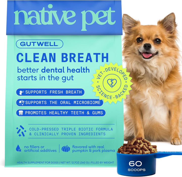 Gutwell Clean Breath - Dog Breath Freshener & Dog Dental Powder - Teeth Cleaning to Reduce Plaque & Tartar - Promotes Fresh Breath with Targeted Triple-Biotic Dental Care Blend - 60 Scoops
