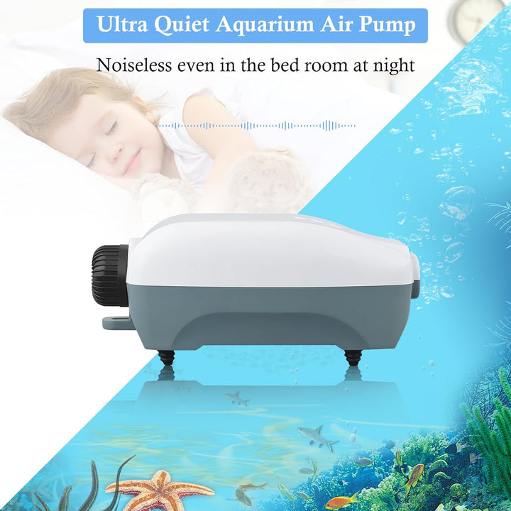 Dual Outlet Aquarium Electric Air Pump, Whisper Adjustable Fish Tank Aerator, Quiet Oxygen Pump with Accessories for 20 to 100 Gallon