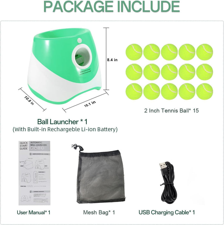 Automatic Dog Ball Launcher, Dog Ball Thrower with 15 Mini Tennis Balls Sizing 2 Inch and Mesh Bag, Interactive Dog Toys Tennis Ball Launcher for Small Dogs with 3 Distance Settings