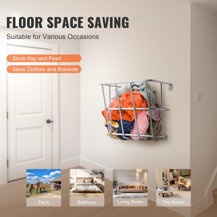 Livestock Feeder, 18.5 Gallons Large Capacity, Heavy-Duty Steel Goat Hay Rack, 24.4" Long Wall Mounted Horse Hay Holder, Multiple Sided Feeding Rack for Sheep Farm Livestock Indoor Outdoor