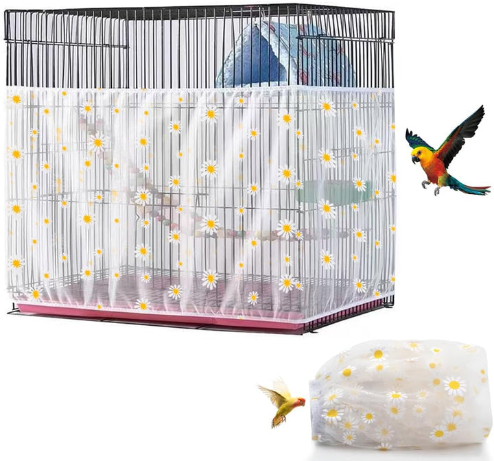 Bird Cage Seed Catcher, Seed Catcher Guard Net Cover, Parrot Nylon Mesh Net Cover, Universal Soft Airy Cage Net Stretchy Skirt for round Square Cages (Star-White, 15.7" X87")