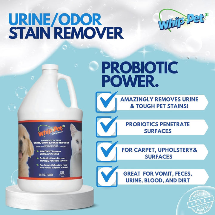 Whip-Pet Pet Odor Eliminator and Stain Remover - Enzymatic Cleaner for Dog Urine and Carpet Odor Eliminator - Pet Odor Remover - 128 Fl Oz / 3.78L