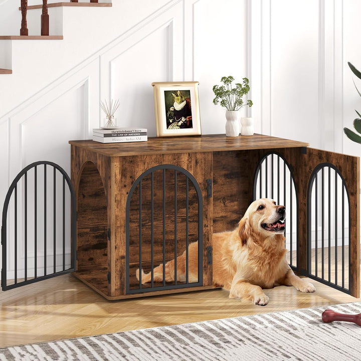 31.5'' Wooden Dog Crate Furniture, Indoor Dog Kennel Dogs Cage for Small/Medium Dogs, Heavy Duty Dog Crates Decorative Pet House End Side Table TV Stand, White Brown DFC85114B