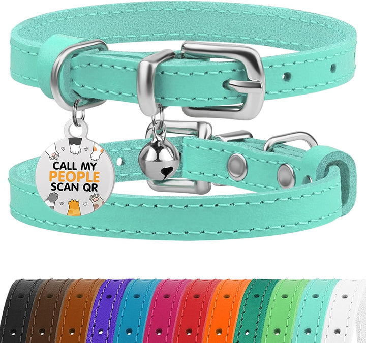 Leather Cat Collar with Removable Bells Non Breakaway Kitten QR Tag for Girl Boy (7" - 9" for Cats, Black & Gold)