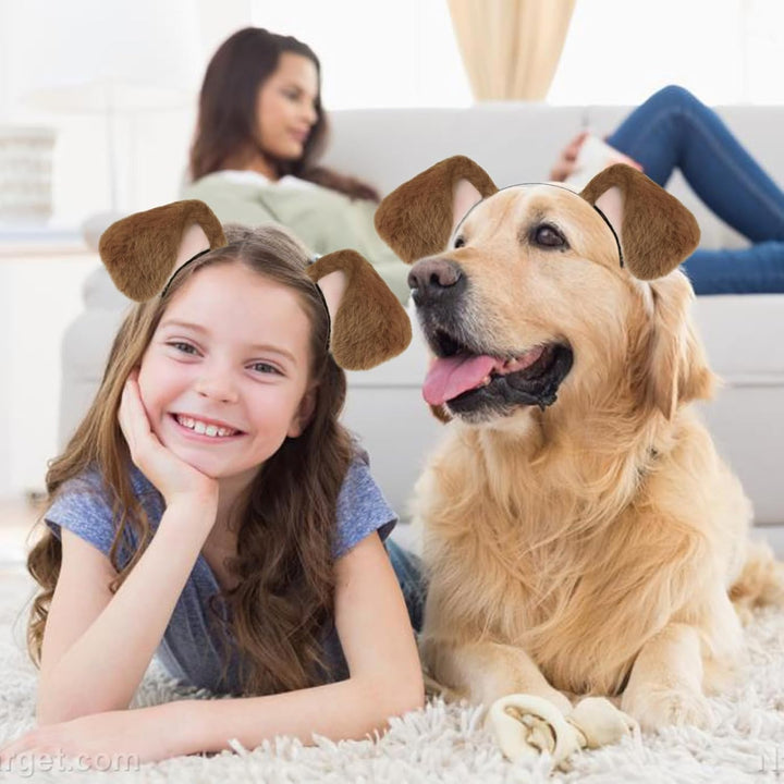 Dog Ears Golden Movable, Realistic Animals Ears Headband Brown, Fluffy Cat Bunny Bear Costume Halloween Christmas for Washing Makeup Cosplay Birthday Party