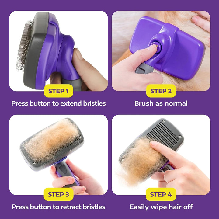 Self Cleaning Slicker Brush for Dogs and Cats - Pet Hair Brush for Shedding Long and Short Hair - Easy Clean Retractable Bristles - Cat and Dog Grooming Tool - Purple
