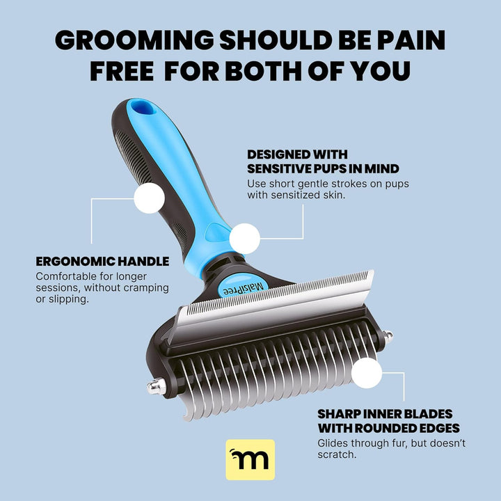 Dog Brush for Shedding - Large, Blue, 2-In-1 - Deshedding Dog Grooming Brush & Undercoat Rake with Dematting Comb for Medium to Large Double Coated