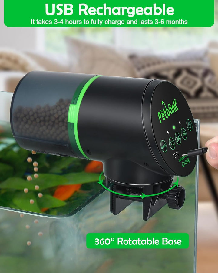 Automatic Fish Feeder for Aquarium - Auto Fish Food Dispenser Rechargeable for Small Large Tank with USB Charger Cable，12/24/48H Interval Esay Set up (Black, CY-019)