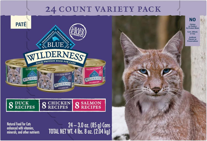 Wilderness High Protein, Natural Adult Pate Wet Cat Food Variety Pack, Chicken, Salmon, Duck 3-Oz Cans (12 Count- 4 of Each Flavor)
