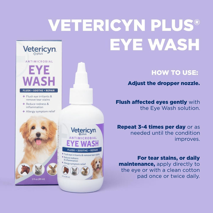 plus Dog and Cat Eye Wash | Eye Drops for Dogs and Cats to Flush and Soothe Eye Irritations, Dog Tear Stain Cleaner, Safe for All Animals. 3 Ounces