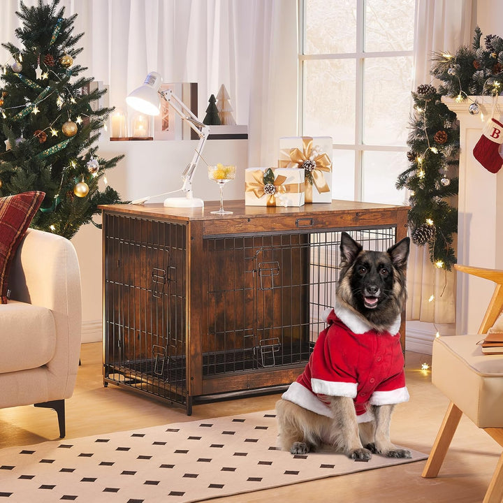 Dog Crate Furniture, 38.6" Large Dog Kennel Indoor, Wooden Cage with Pull-Out Tray, Double Doors Pet House Side End Table for Large/Medium/Small Dogs, Rustic Brown BF982GW03G1