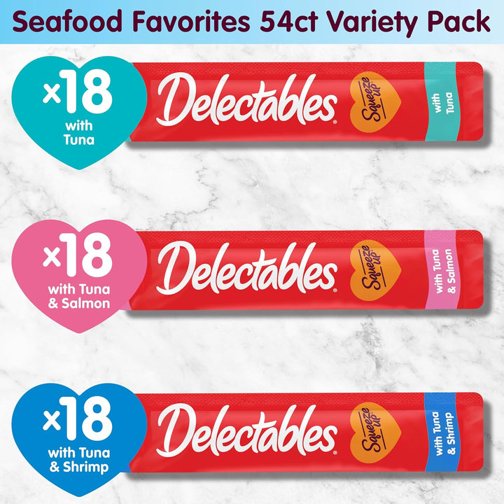 Delectables Squeeze up Seafood Variety Pack, Creamy Squeezable Puree, Lickable Wet Cat Treats, Grain Free, No Added Fillers, No By-Products, No Added Preservatives, 0.5 Ounces Tube, 54 Tubes Total