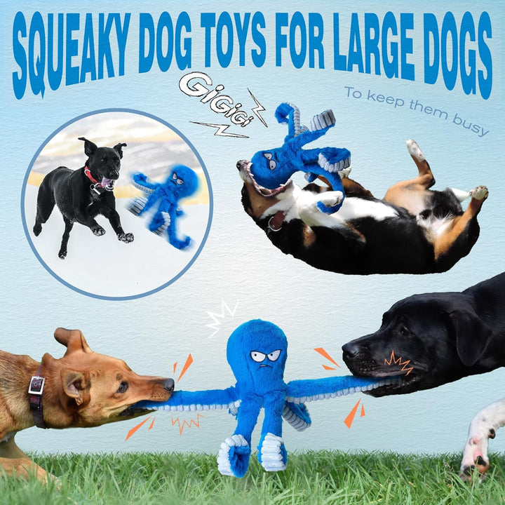 Tough Dog Toys, Stuffed Chew Large Dog Toys to Keep Them Busy, Interactive Squeaky Tug of War Doggie Toy, Crinkle Blue Octopus