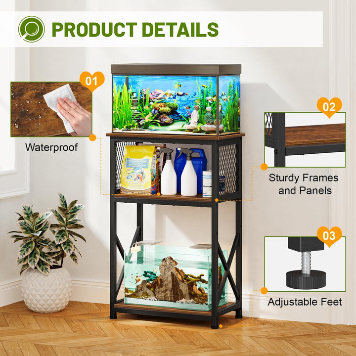 10 Gallon Aquarium Stand with Storage, 3 Tier Heavy Metal Fish Tank Stand Shelf 20.47" X 11.42" X 30.91", Rustic Brown