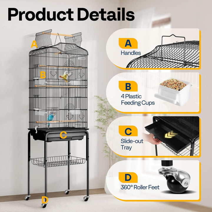 64 Inch Bird Cage with Play Top and Rolling Stand for Parrots Conures Lovebird Cockatiel Parakeets Black