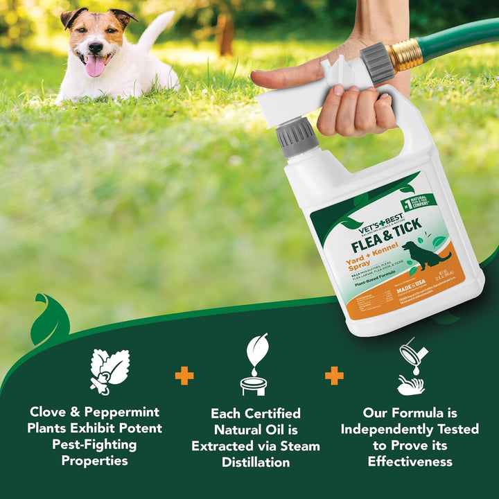 Flea and Tick Yard & Kennel Spray, Dog Flea Spray That Kills Fleas, Mosquitoes, & Ticks, Plant-Based Ingredients, Plant Safe Ready-To-Use Hose Attachment, 32 Fl Oz