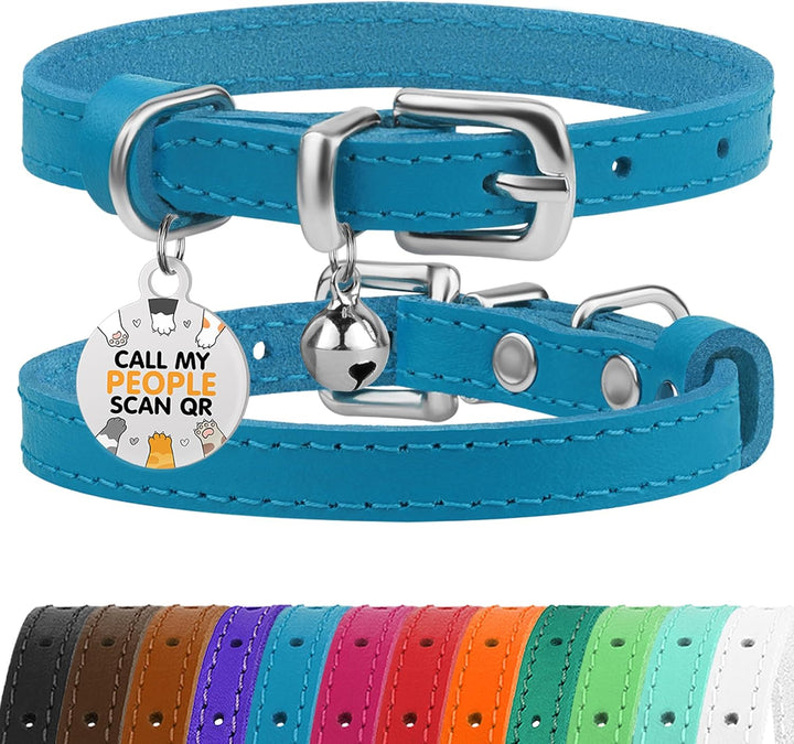Leather Cat Collar with Removable Bells Non Breakaway Kitten QR Tag for Girl Boy (7" - 9" for Cats, Black & Gold)