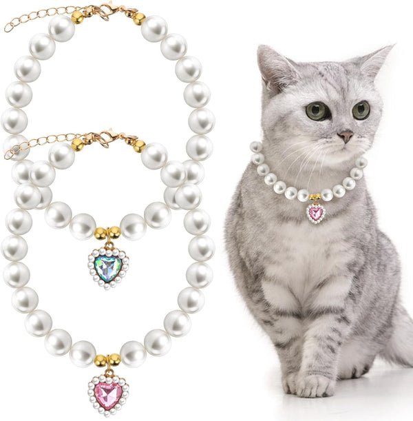 2 Pcs Adjustable Cat Dog Pet Pearl Collar Small Heart Shape Jewelry Necklace Adjustable Neck Strap Wedding Birthday Party Jewelry Accessories Fancy Pet Dress Collar for Puppy Small Cats