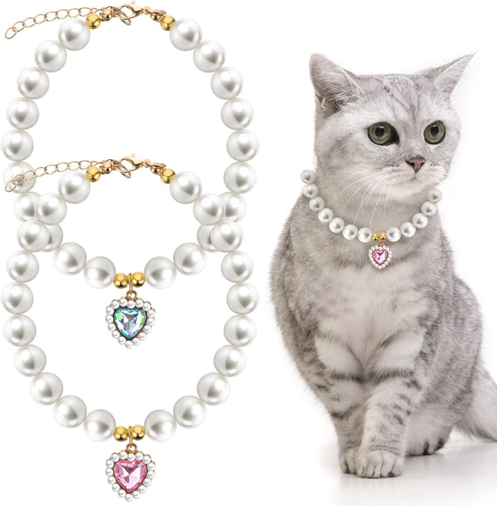 2 Pcs Adjustable Cat Dog Pet Pearl Collar Small Heart Shape Jewelry Necklace Adjustable Neck Strap Wedding Birthday Party Jewelry Accessories Fancy Pet Dress Collar for Puppy Small Cats