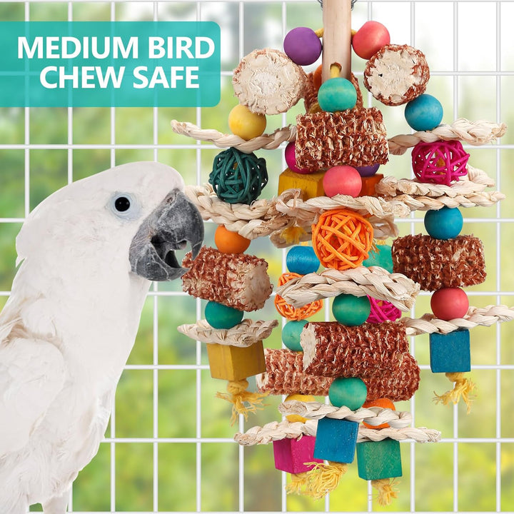 Parrot Toys Bird Toys Natural Corn Cob Bird Chew Toys for Small and Medium-Sized Macaws,African Grey,Cockatoos,Amazon Parrots,Parakeet,Cockatiel,Sun Conure, Lovebird with Wooden Blocks