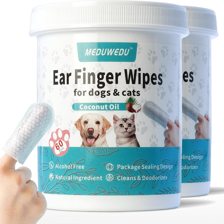 Ear Cleaner Finger Wipes 60 Counts, Dog Ear Cleaner, Grooming Kit Care for Dogs and Cats, Soft & Easy Otic Cleaning Pads, Remove Wax, Dirt & Stop Smelly, Itchy, Non-Irritating, Coconut Scent