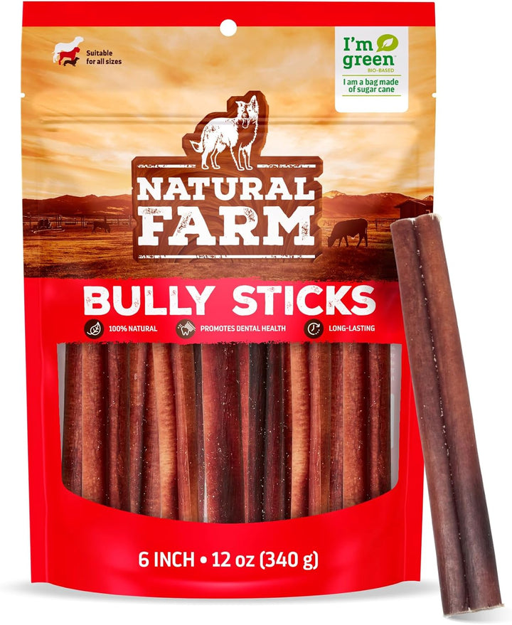 Odor-Free Bully Sticks (6 Inch, 25 Pack), 1.3 Lb. Bag, Fully Digestible 100% Beef Pizzle Chews, Grass-Fed, Non-Gmo, Grain-Free, Natural Long-Lasting Chews for Small & Large Dogs