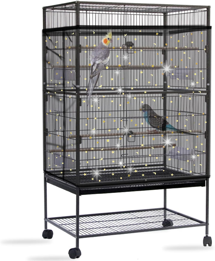Bird Cage Seed Catcher, Large Bird Cage Cover, Adjustable Soft Airy Nylon Mesh Net, Birdcage Cover Skirt Seed Guard for Parrot Parakeet Macaw African round Square Cages (Black)