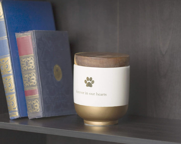 Pet Ceramic Forever in Our Hearts Urn, Pet Memorial, Dog or Cat Keepsake Urn, Rainbow Bridge, Gold