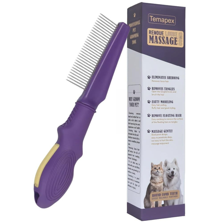 Pet Flea Comb for Dogs & Cats,Removes Tangles & Flea, Tear Stain Removal, Stainless Steel Metal Teeth, Non-Slip & Anti-Static Rubber Handle, Safe & Gentle Pet Grooming Comb