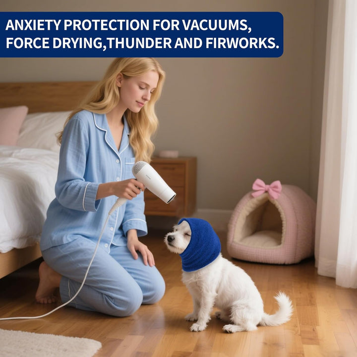 Dog Ear Muffs Noise Protection, Dog Calming Hoodie Cat Anxiety Relief Ear Wrap, Double Layer Thickened Soft Elastic Neck Head Cover Noise Cancelling for Grooming,Force Drying,Fireworks (Blue, Small)