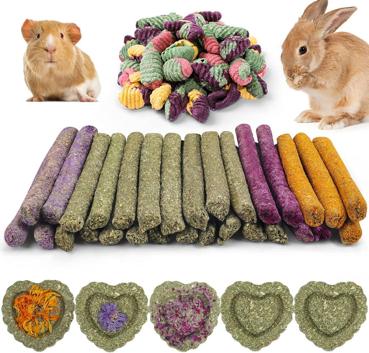 52Pcs Rabbit Chew Sticks, Guinea Pig Toys, Natural Timothy Grass Molar Teeth Stick, Mixing Flowers, Roses, Calendula and Forget Me Not, Small Animals Treats