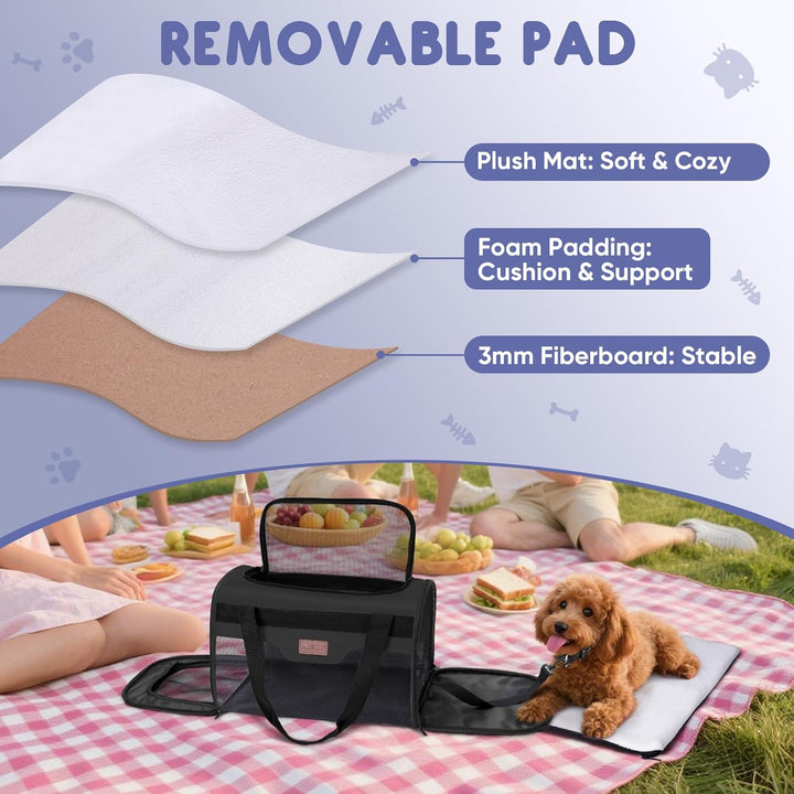 Cat Carrier, Puppy Dog Carrier for Small Medium Pets up to 15 Lbs, Soft-Sided Dog Travel Bag with Safety Zippers, Collapsible Pet Carrying Case (Black, L, 17"X11"X11")