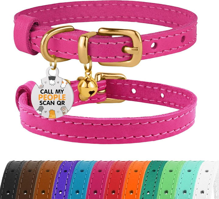 Leather Cat Collar with Removable Bells Non Breakaway Kitten QR Tag for Girl Boy (7" - 9" for Cats, Black & Gold)