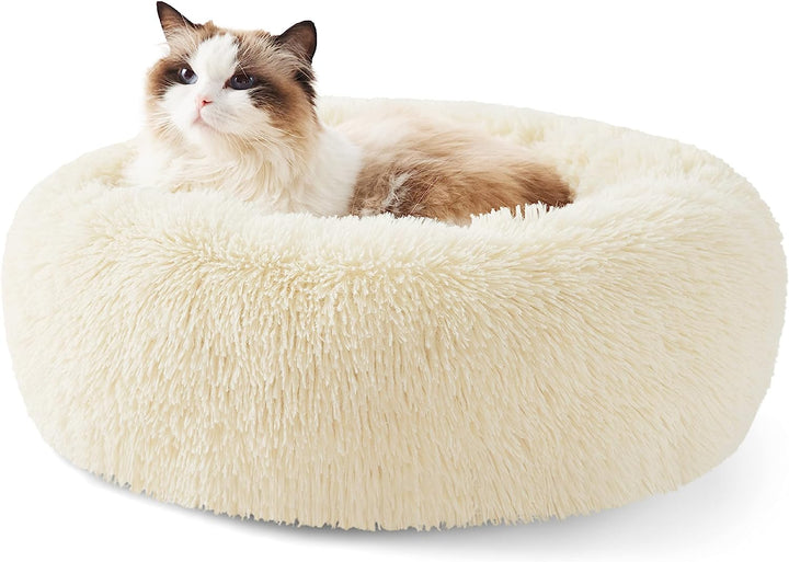 Calming Dog Bed Medium Size Dog - Donut Washable Medium Pet Bed, 30 Inches Anti-Slip round Fluffy Plush Faux Fur Cat Bed, Fits up to 45 Lbs Pets, Camel