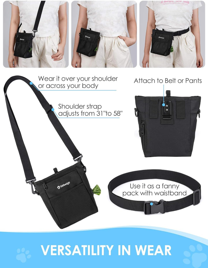 Dog Treat Pouch with Silicone Liner, 【4 Cup】【3 Ways to Wear 】 Treat Bag with Training Clicker, Front Pocket Fits All Phones, Upgrade Stronger Magnetic Closure Walking Fanny Pack (Black)