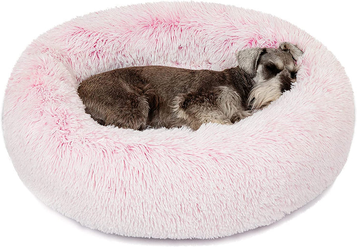 Donut Dog Bed Faux Fur Fluffy Calming Sofa for Medium Dogs, Soft & Plush anti Anxiety Pet Couch for Dogs, Machine Washable Coco Pet Bed with Non-Slip Bottom, 30"X30"X7" Ivory