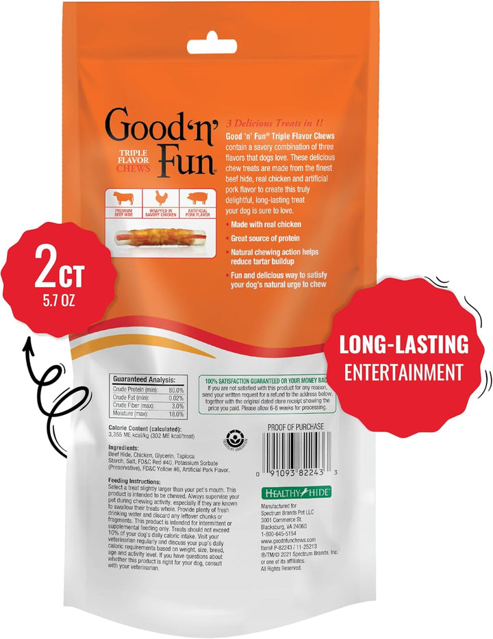 Good ‘N’ Fun Triple Flavor Chews for Large Dogs, Treat Your Dog to Long-Lasting Chews Made with Beef Hide, Chicken and Artificial Pork Flavor, 2 Count