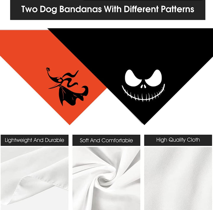 Halloween Dog Bandanas 2 Pack, Zero Dog and Jack Face Print Bibs for Boy and Girl, Nightmare before Christmas Triangle Fall Pet Scarf, Premium Durable Fabric, Adjustable Fit (Halloween-1, Large)