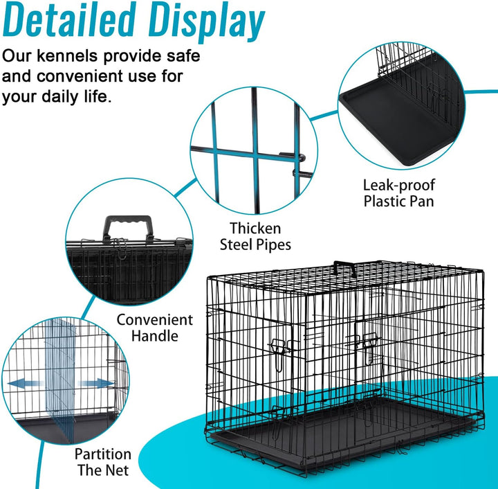 Dog Crate for Small Dogs 24 Inch Folding Metal Wirepet Cage Double Door W/Divider Panel Indoor Outdoor Kennel Leak-Proof Plastic Tray,Black