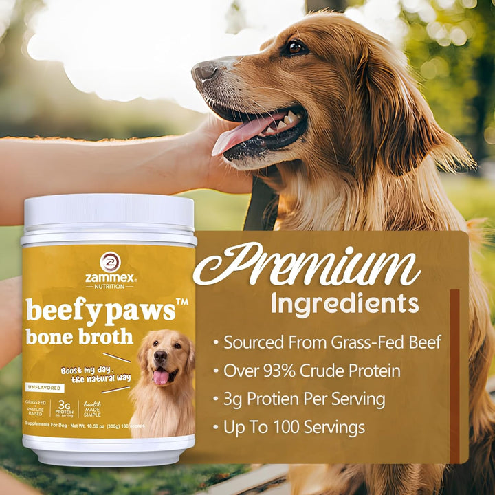 Grass-Fed Beef Bone Broth Protein Powder for Dogs & Cats - Joint & Bone Support, Healthy Fur Enhancer, Pet Food Topper for Dry & Wet, 10.58Oz