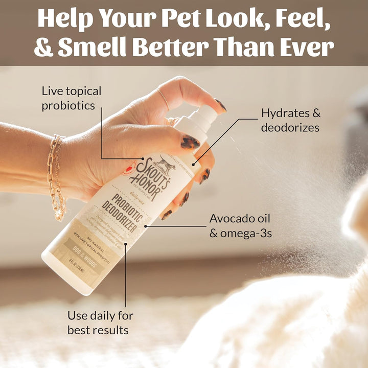 Probiotic Pet Deodorizer Spray- Hydrating Daily-Use with Avocado Oil & Omega-3S, Microbiome Friendly Certiified, Paraben & Sulfate-Free, 97% Natural, 8Oz, Dog of the Woods