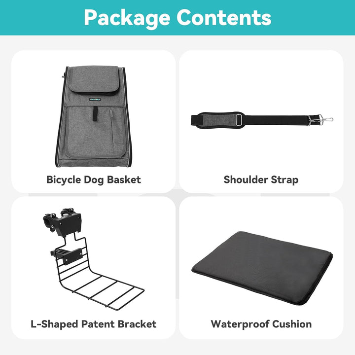 Foldable Front Bike Basket for Dogs, 4-In-1 Pet Carrier Backpack/Shoulder Bag/Car Seat with Heavy-Duty L-Shaped Mount Φ2.17 Inch, Waterproof Cushion & Reflective Strips, Supports up to 22Lbs