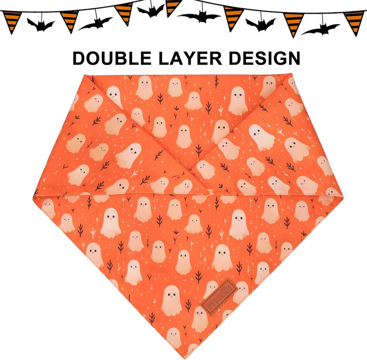 Halloween Dog Bandana, Ghost Pumpkin Design Reversible Holiday Dog Scarf, Triangle Halloween Bandanas for Medium Large Dogs Pets (Large)