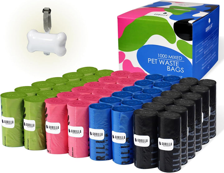 1000 Dog Poop Waste Bags with Dispenser and Leash Tie, 9" X 13", Blue, 1000 Count