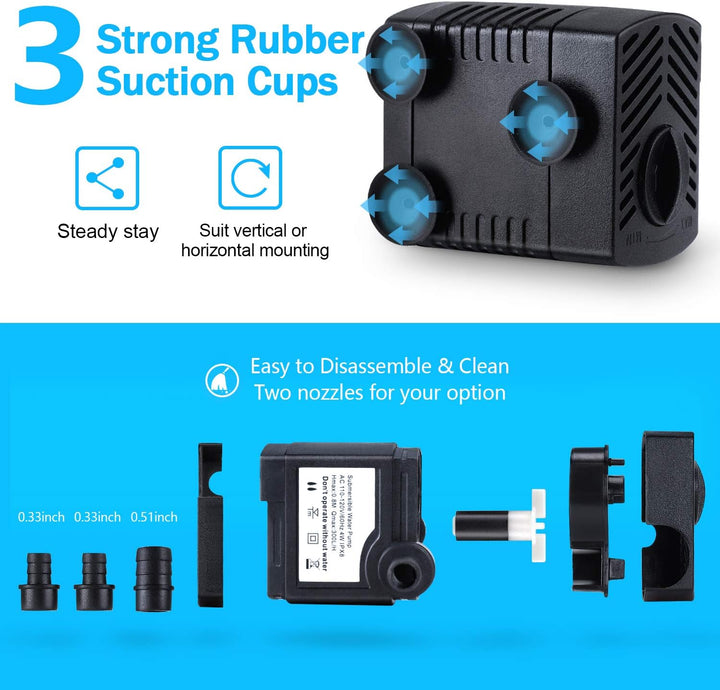 Fountain Pump, 80GPH(4W 300L/H) Submersible Water Pump, Durable Outdoor Fountain Water Pump with 4.9Ft Tubing (ID X 1/3-Inch), 3 Nozzles for Aquarium, Pond, Fish Tank, Water Pump Hydroponics