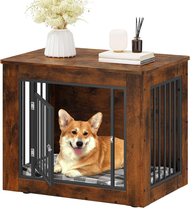 Dog Crate Furniture for Medium Dogs, Side End Table, Modern Dogs Kennel Indoor up to 35 Lb, 2-In-1 Iron-Wood Fusion Dog Cage with Waterproof Top, Safety Corners,Steel Lock,30" L,Greige