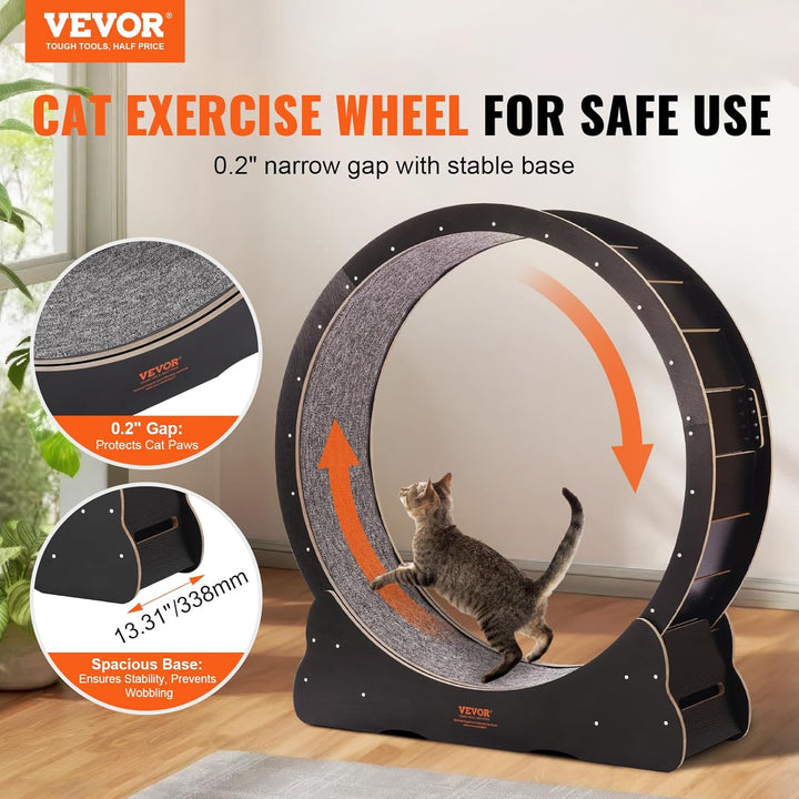 Cat Exercise Wheel, 43.3" Large Treadmill for Indoor Cats, Running Wheel with Detachable Carpet & Teaser for Running/Walking/Training, Suitable for Most Cats Black