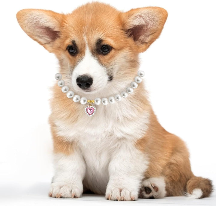 2 Pcs Adjustable Cat Dog Pet Pearl Collar Small Heart Shape Jewelry Necklace Adjustable Neck Strap Wedding Birthday Party Jewelry Accessories Fancy Pet Dress Collar for Puppy Small Cats
