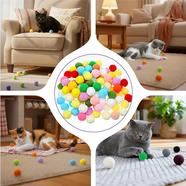 100 Pcs Cat Toy Balls, 1 Inch Soft Pom Pom Ball Plush Interactive Balls for Cat Fuzzy Kitten Interactive Playing Quiet Toy for Cats Pet