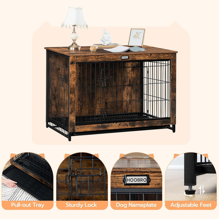 Dog Crate Furniture, 38.6" Large Dog Kennel Indoor, Wooden Cage with Pull-Out Tray, Double Doors Pet House Side End Table for Large/Medium/Small Dogs, Rustic Brown BF982GW03G1